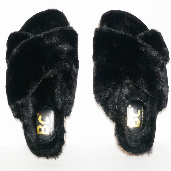 BC BORN in CALIFORNIA BLACK FAUX FUR PLUSH “TRIUMPH” SLIPPERS SZ 8.5 NEVER WORN - Picture 2 of 4